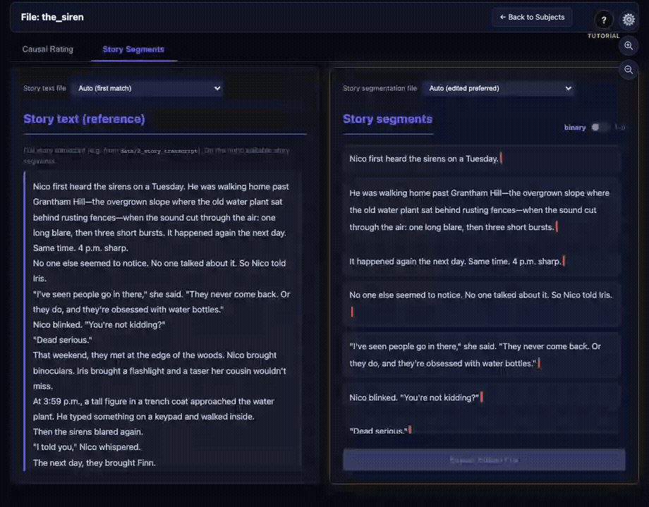 Animated tour of segmenting a story into events with boundary bars