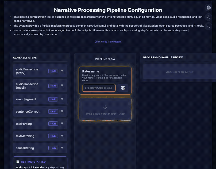 Animated walkthrough of building a pipeline, the dashboard status grid, and rating causal links between story events